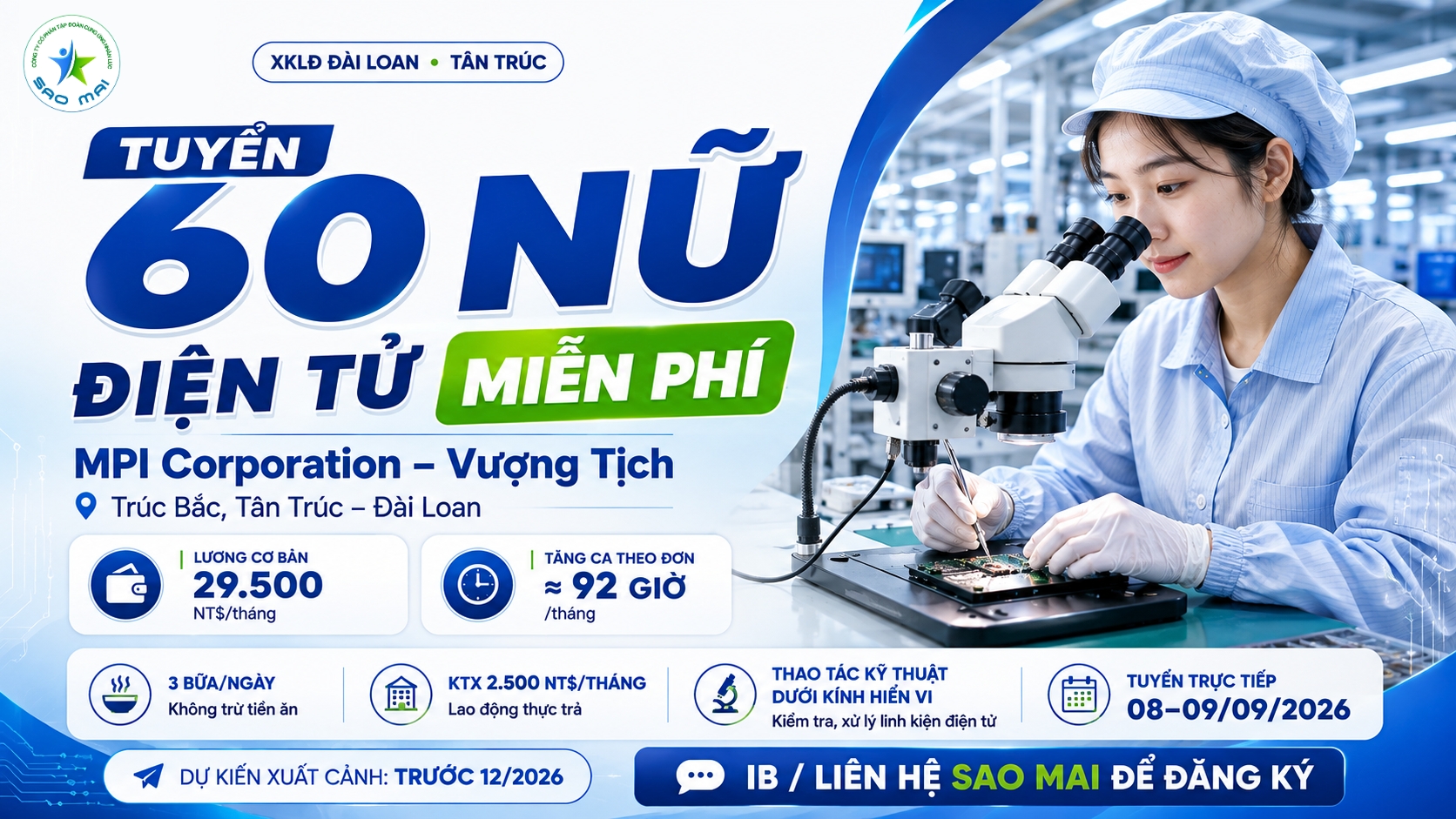 Tuyển 60 nữ đơn điện tử miễn phí xuất cảnh đi xuất khẩu lao động Đài Loan (khu vực Tân Trúc - Đài Loan)