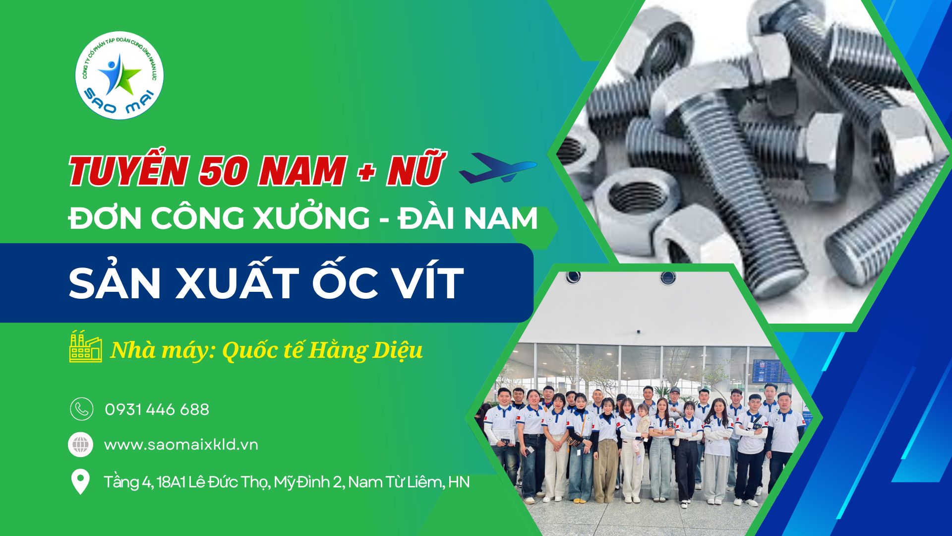 Đơn hàng XKLD Đài Loan: Tuyển nam và nữ đơn hàng sản xuất ốc vít tại Đài Nam Đài Loan 