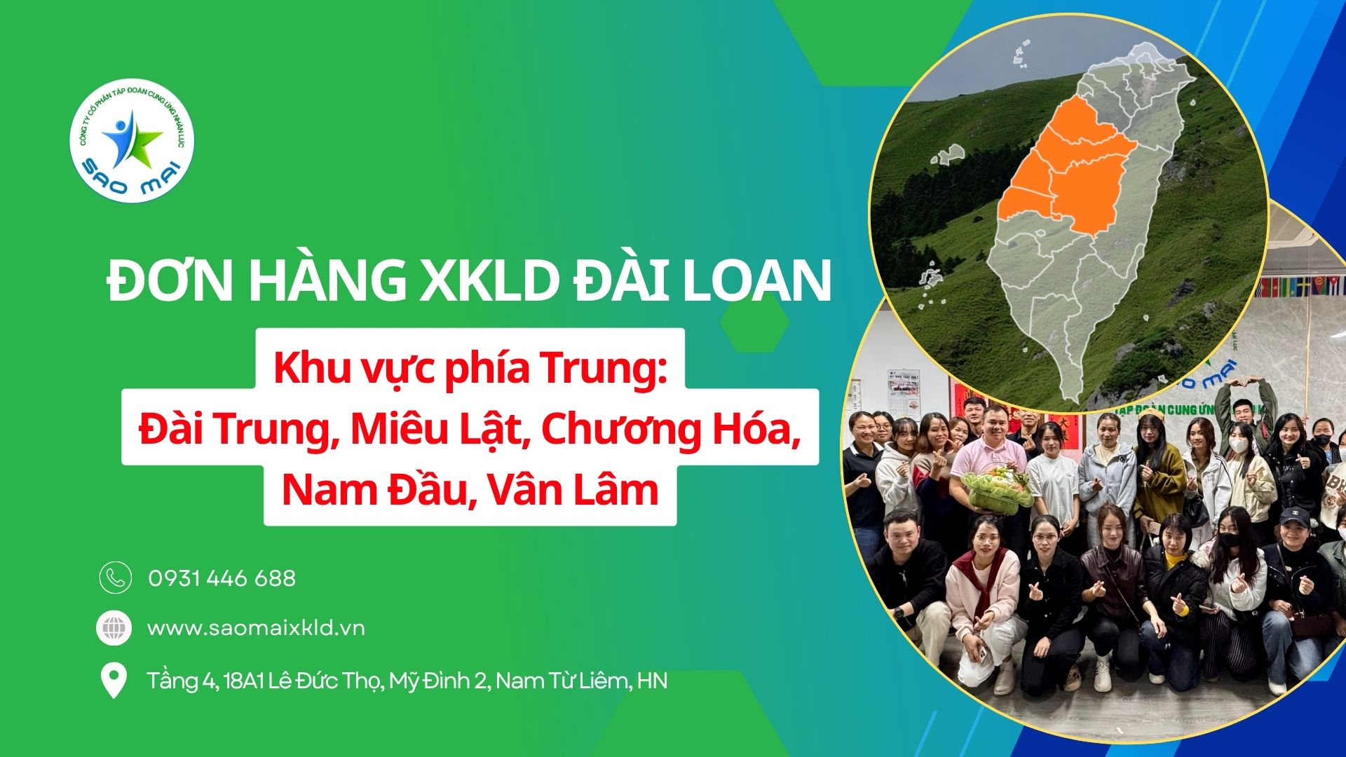 Tổng hợp các đơn hàng đi xuất khẩu lao động Khu vực miền Trung Đài Loan mới nhất 2026: Đài Trung, Miêu Lật, Chương Hóa, Nam Đầu, Vân Lâm
