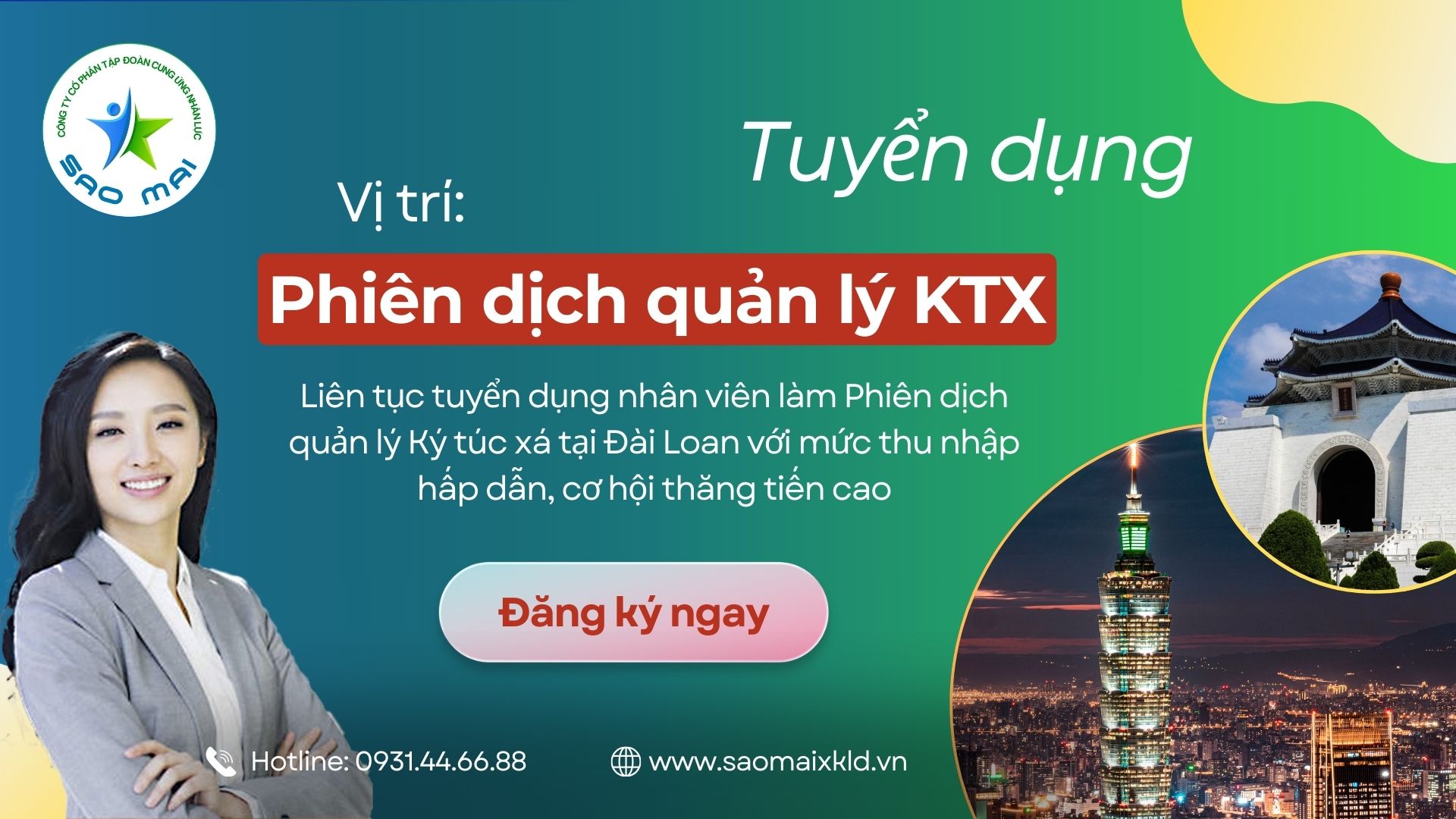 Liên tục tuyển dụng nhân viên làm Phiên Dịch và Quản Lý ký túc xá tại Đài Loan với mức thu nhập hấp dẫn, cơ hội thăng tiến cao