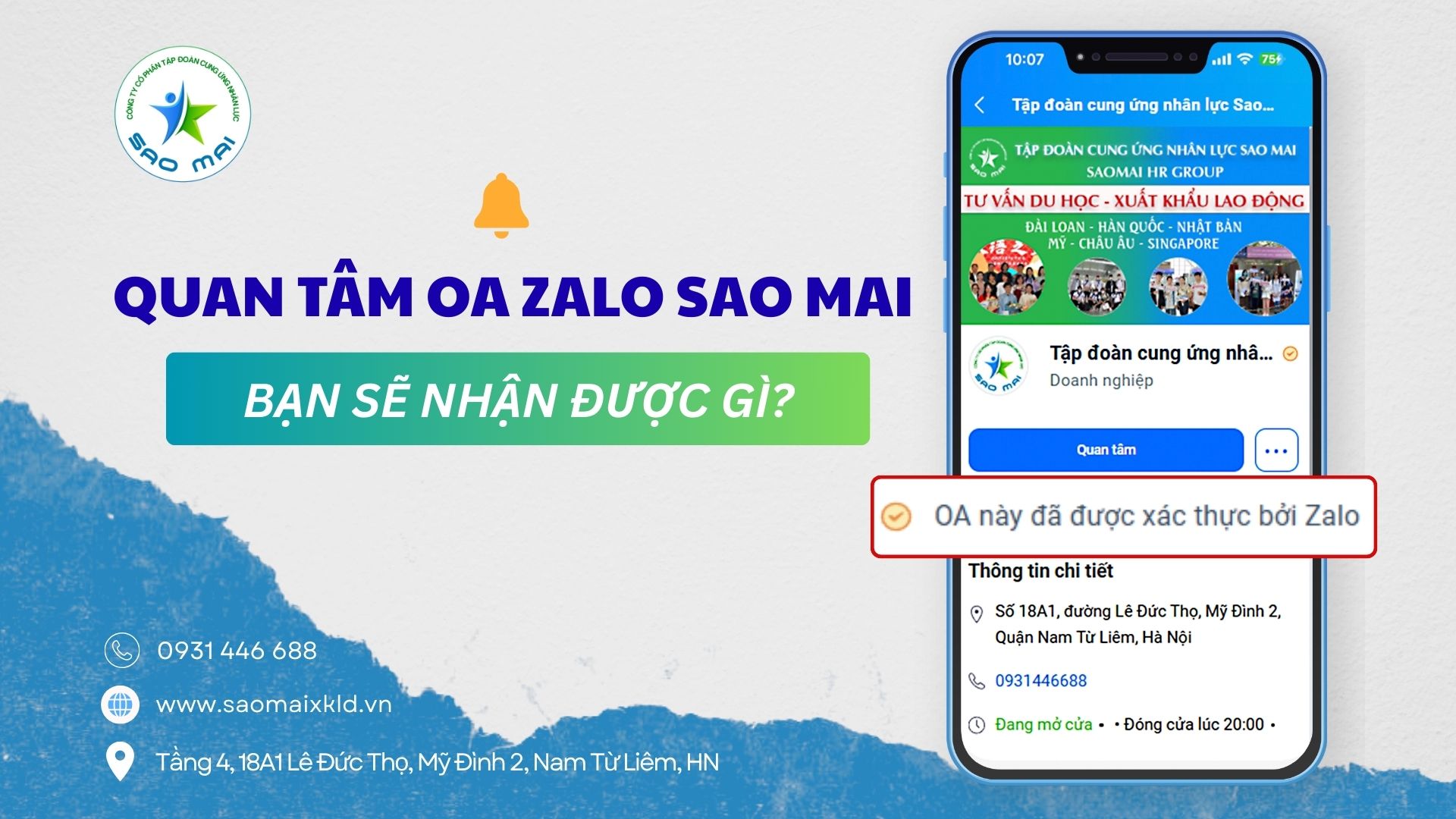Quan tâm Zalo doanh nghiệp SAOMAI HR GROUP – Kênh thông tin xuất khẩu lao động Đài Loan uy tín
