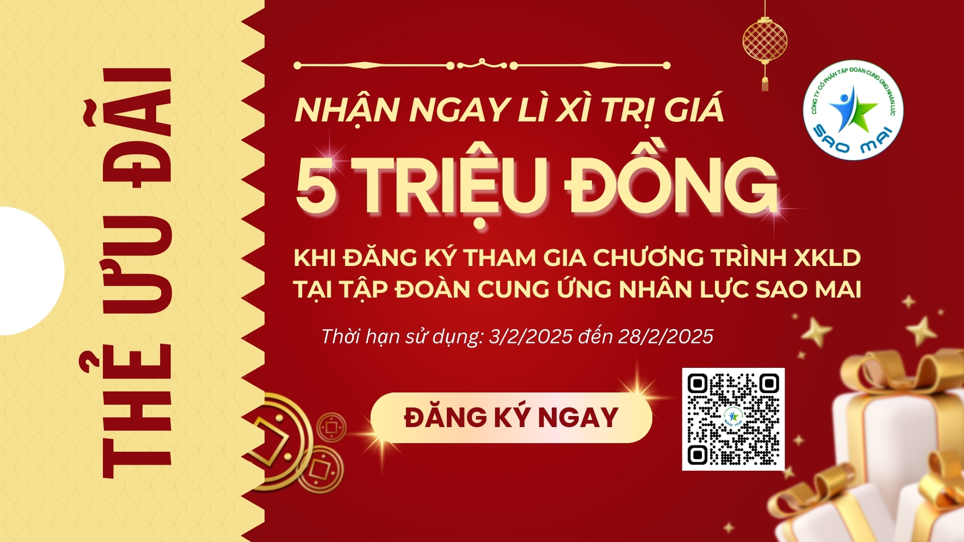 Tặng Lì Xì 5 triệu đồng khi đăng ký tham gia XKLD tại Tập đoàn cung ứng nhân lực Sao Mai