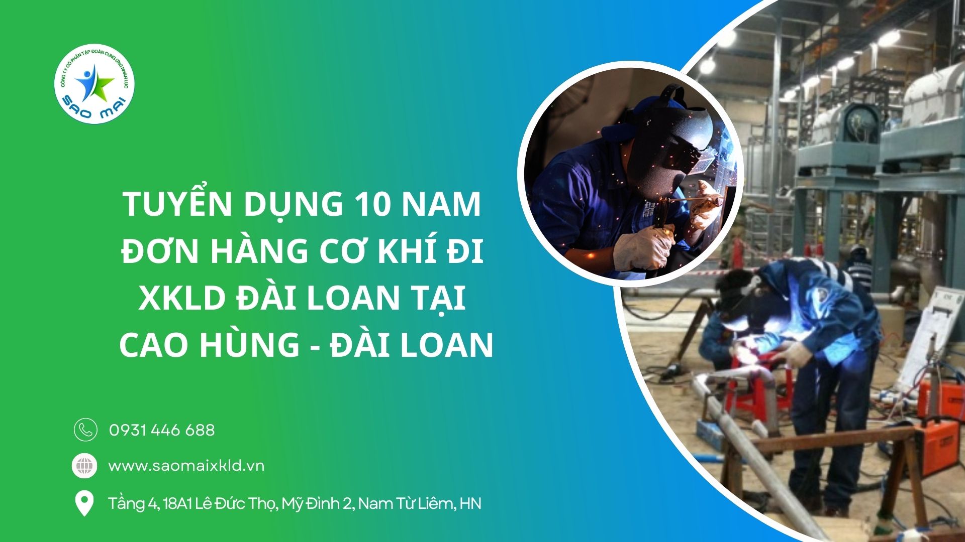 Tuyển dụng 10 NAM đơn hàng CƠ KHÍ đi XKLD Đài Loan tại CAO HÙNG - ĐÀI LOAN