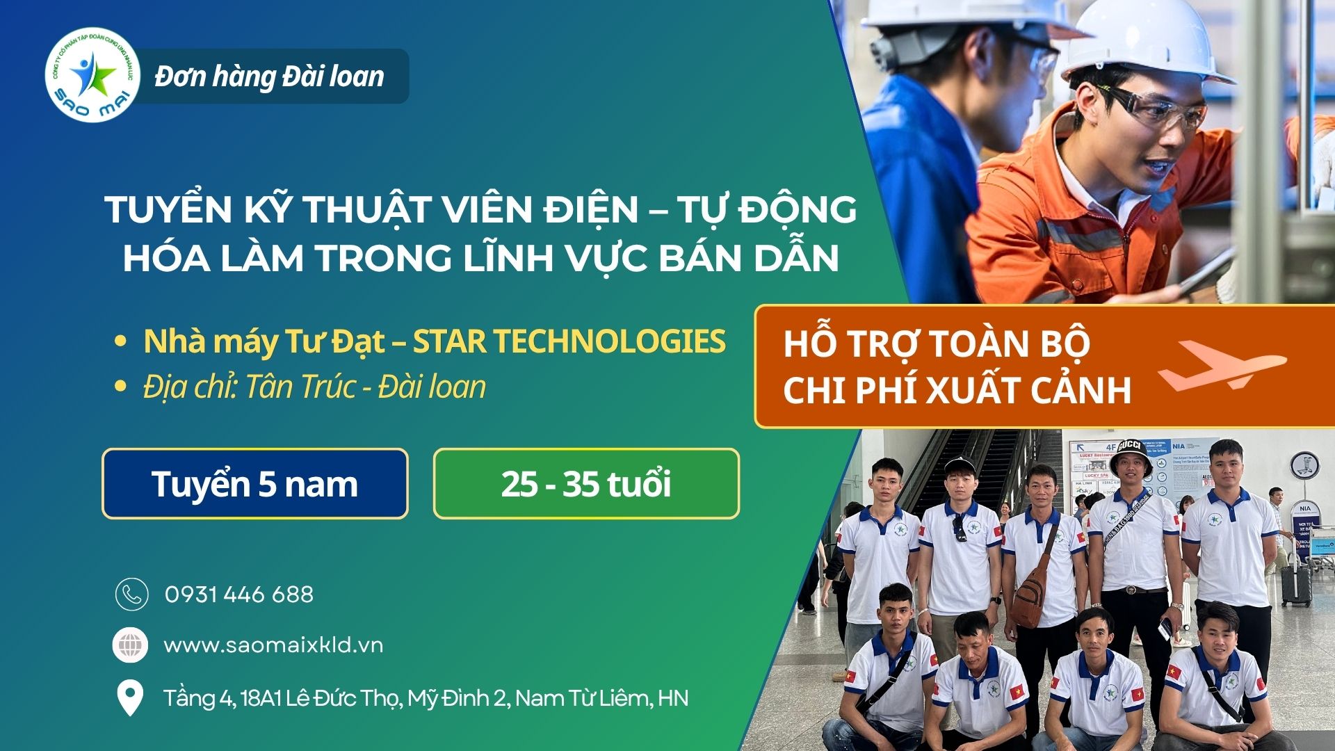 Tuyển 5 nam XKLD Đài Loan đơn hàng điện tử miễn phí, vị trí kỹ thuật viên điện – tự động hóa tại nhà máy bán dẫn Tư Đạt