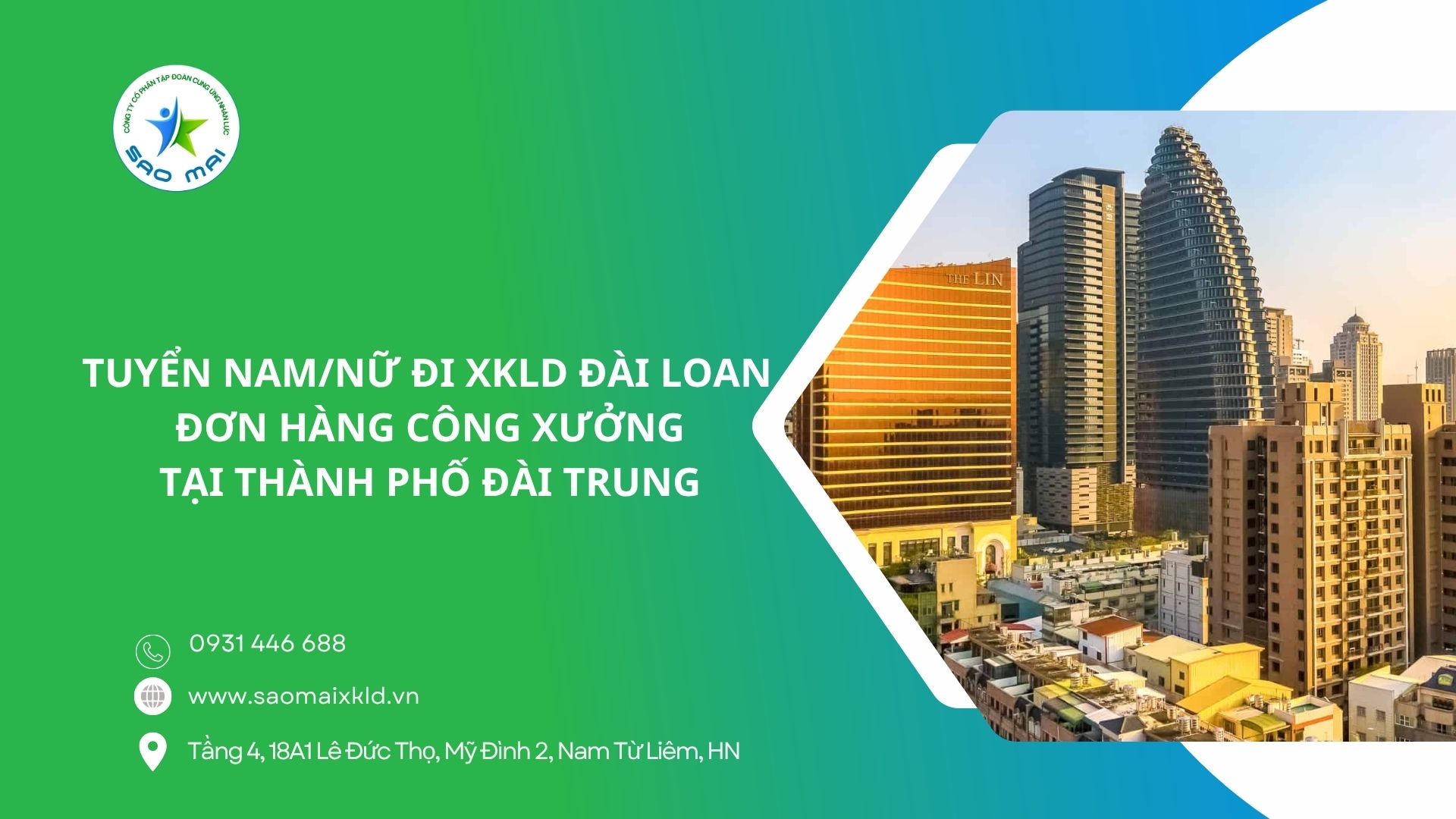 Tuyển nam, nữ đi XKLD Đài Loan – Đơn hàng công xưởng tại thành phố Đài Trung (Taichung City – Taiwan)