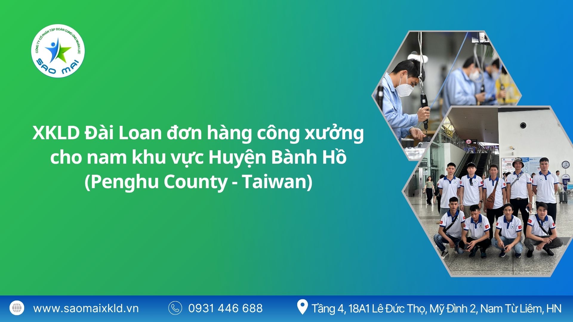 Xuất khẩu lao động Đài Loan đơn hàng công xưởng cho NAM khu vực  Bành Hồ (Penghu County - Taiwan) mới nhất, phỏng vấn liên tục	