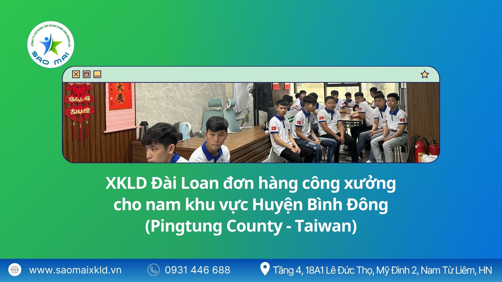 Xuất khẩu lao động Đài Loan đơn hàng công xưởng cho NAM khu vực Bình Đông (Pingtung County - Taiwan) mới nhất, phỏng vấn liên tục	