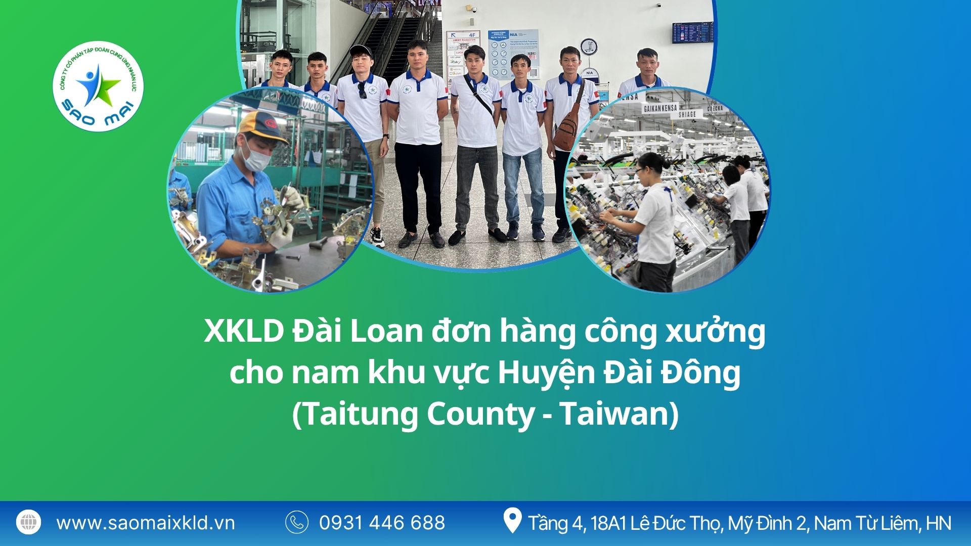 Xuất khẩu lao động Đài Loan đơn hàng công xưởng cho NAM khu vực huyện Đài Đông (Taitung County - Taiwan) mới nhất, phỏng vấn liên tục	