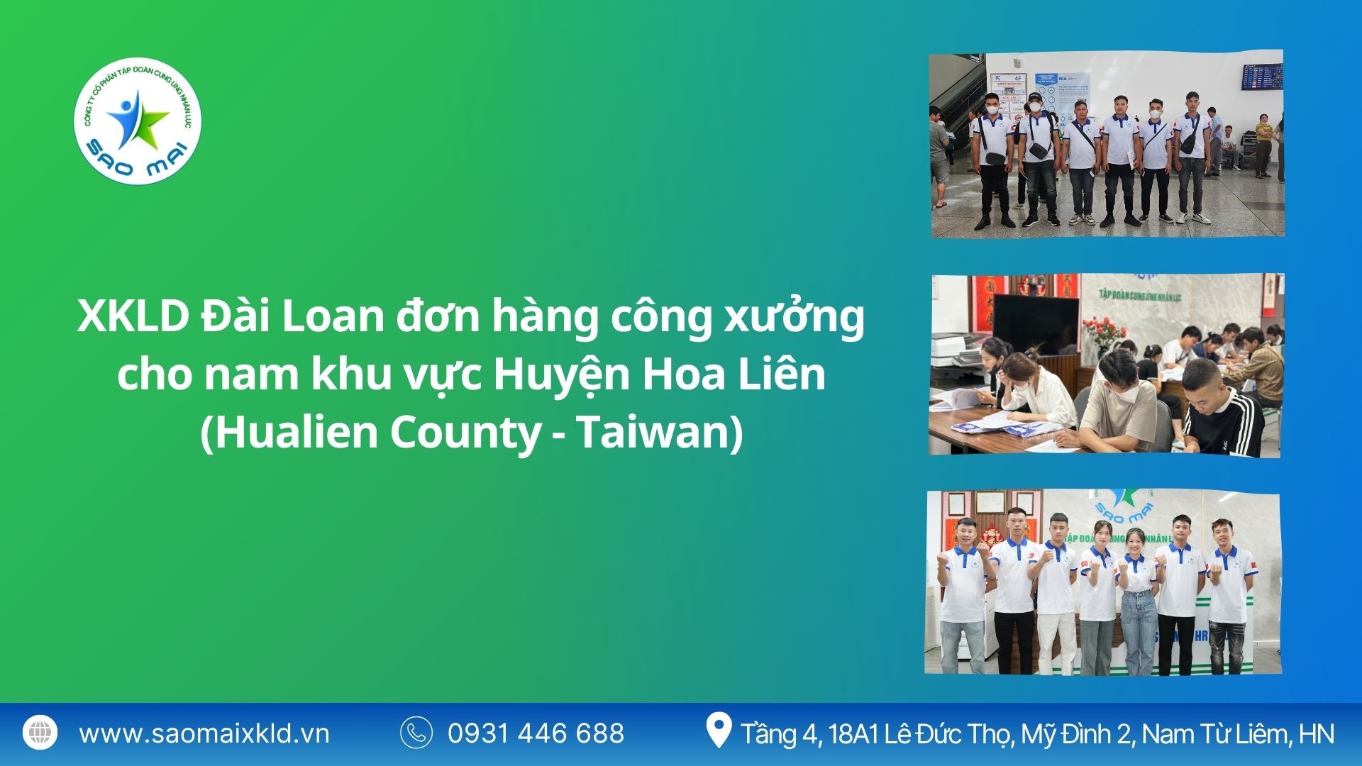 Xuất khẩu lao động Đài Loan đơn hàng công xưởng cho NAM khu vực Hoa Liên (Hualien County - Taiwan) mới nhất, phỏng vấn liên tục	