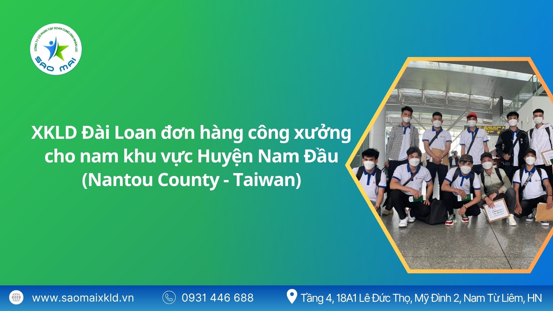 Xuất khẩu lao động Đài Loan đơn hàng công xưởng cho NAM khu vực Nam Đầu (Nantou County - Taiwan) mới nhất, phỏng vấn liên tục	