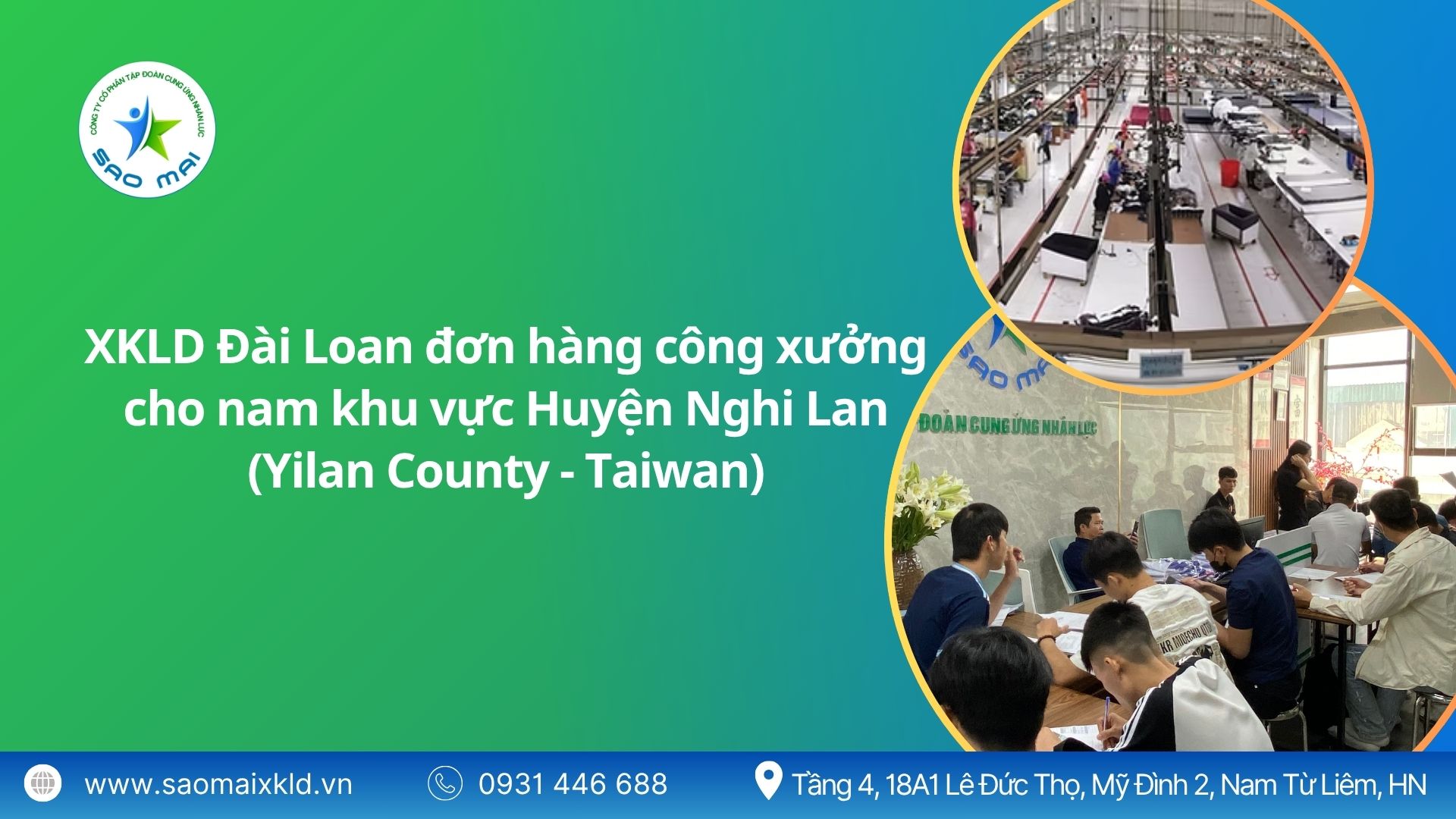 Xuất khẩu lao động Đài Loan đơn hàng công xưởng cho NAM khu vực Nghi Lan (Yilan County - Taiwan) mới nhất, phỏng vấn liên tục	