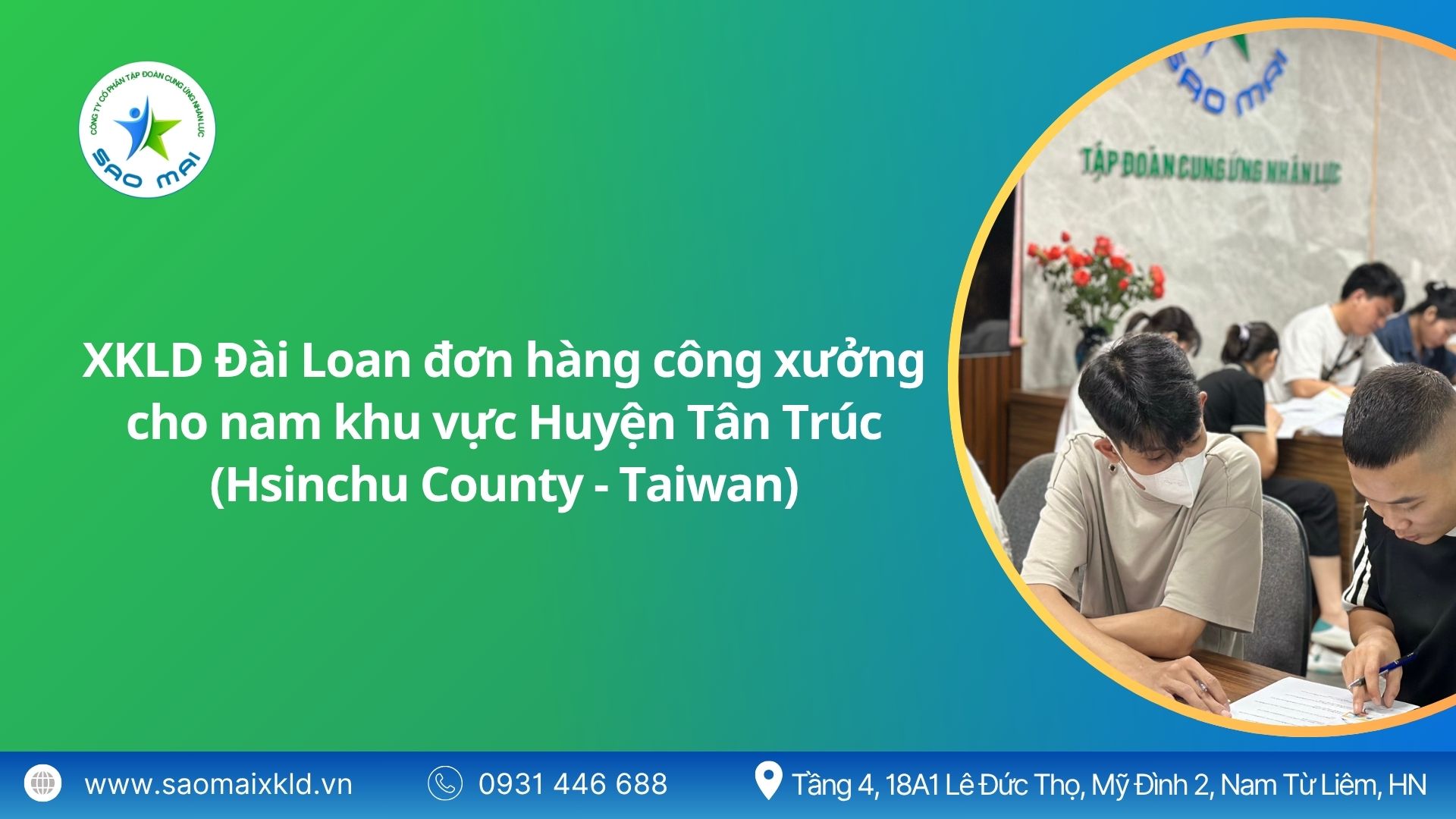 Xuất khẩu lao động Đài Loan đơn hàng công xưởng cho NAM khu vực Huyện Tân Trúc (Hsinchu County - Taiwan) mới nhất, phỏng vấn liên tục	