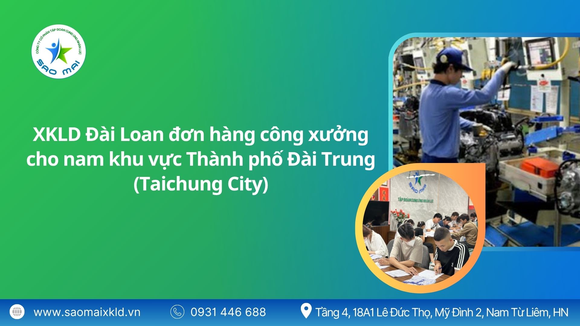 Xuất khẩu lao động Đài Loan đơn hàng công xưởng cho NAM khu vực Thành phố Đài Trung (Taichung City) mới nhất, phỏng vấn liên tục	