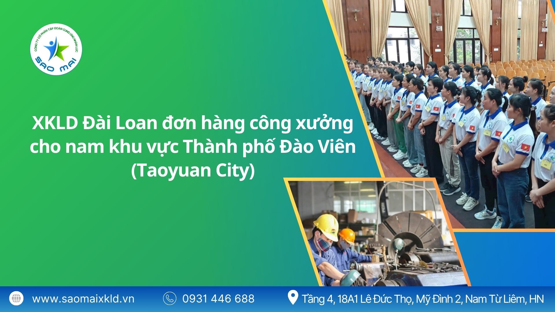 Xuất khẩu lao động Đài Loan đơn hàng công xưởng cho NAM khu vực Thành phố Đào Viên (Taoyuan City) mới nhất, phỏng vấn liên tục	