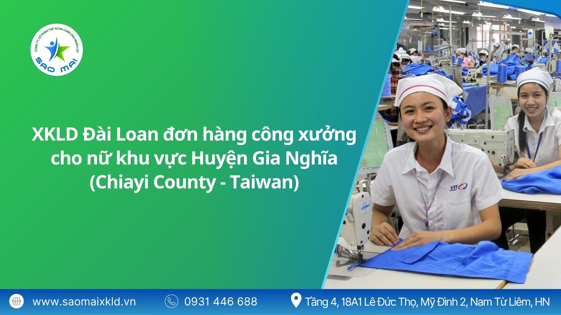 Xuất khẩu lao động Đài Loan đơn hàng công xưởng cho nữ khu vực Huyện Gia Nghĩa (Chiayi County - Taiwan) mới nhất, phỏng vấn liên tục.