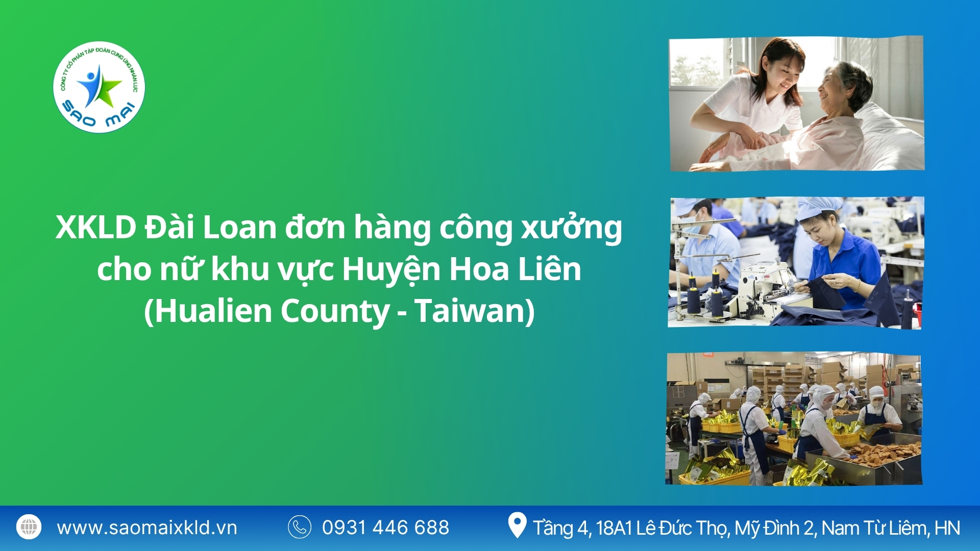 Xuất khẩu lao động Đài Loan đơn hàng công xưởng cho nữ khu vực Huyện Hoa Liên (Hualien County - Taiwan) mới nhất, phỏng vấn liên tục.