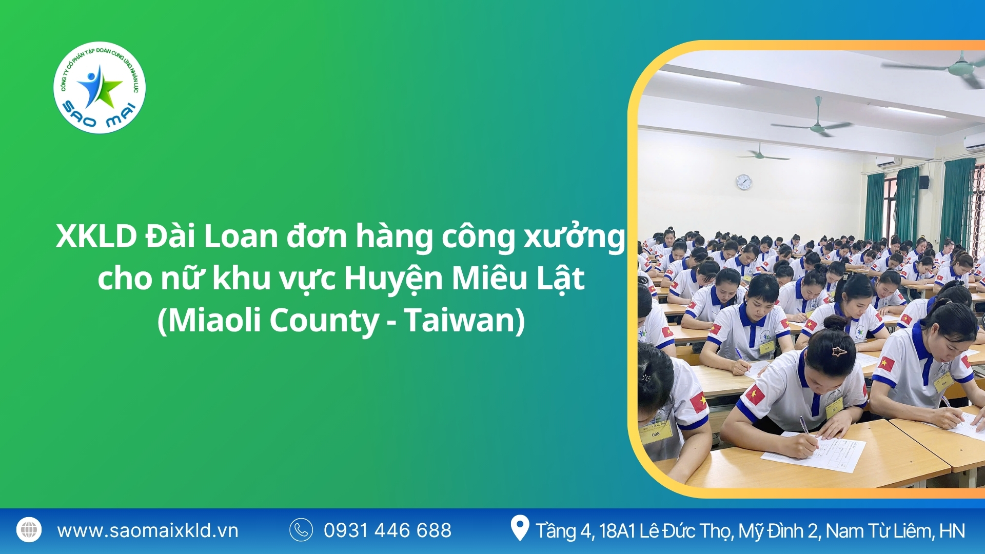 Xuất khẩu lao động Đài Loan đơn hàng công xưởng cho nữ khu vực Huyện Miêu Lật (Miaoli County - Taiwan) mới nhất, phỏng vấn liên tục.