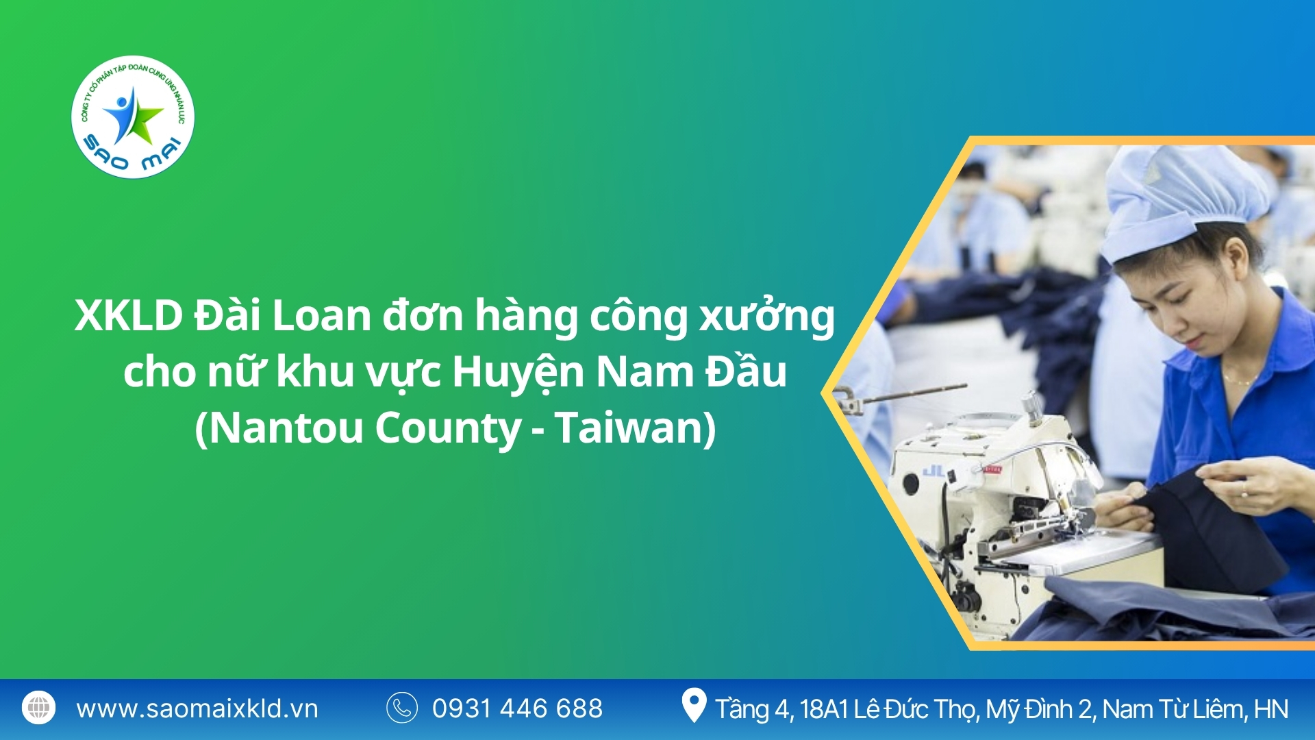 Xuất khẩu lao động Đài Loan đơn hàng công xưởng cho nữ khu vực Huyện Nam Đầu (Nantou County - Taiwan) mới nhất, phỏng vấn liên tục.