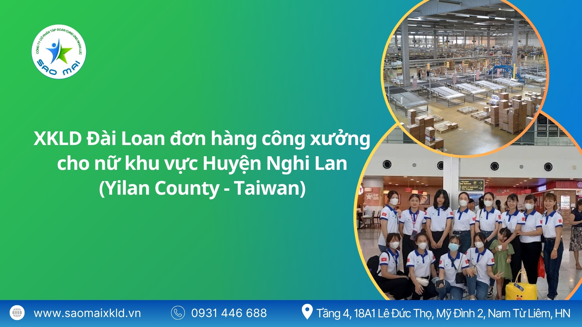 Xuất khẩu lao động Đài Loan đơn hàng công xưởng cho nữ khu vực Huyện Nghi Lan (Yilan County - Taiwan) mới nhất, phỏng vấn liên tục.