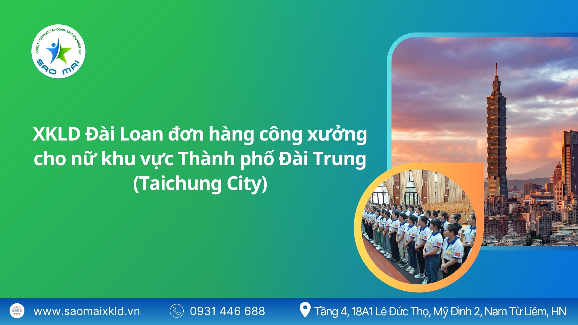 Xuất khẩu lao động Đài Loan đơn hàng công xưởng cho nữ khu vực thành phố Đài Trung (Taichung City) mới nhất, phỏng vấn liên tục.