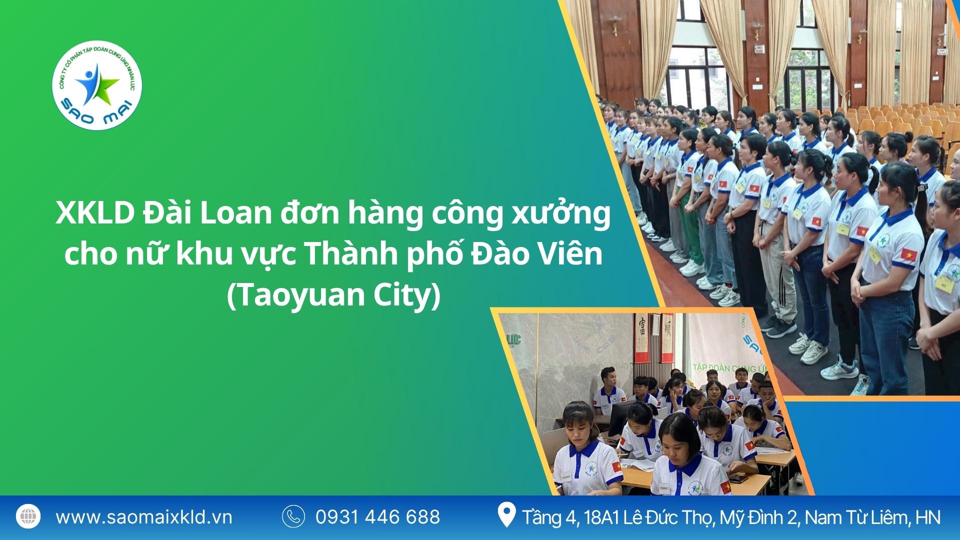 Xuất khẩu lao động Đài Loan đơn hàng công xưởng cho nữ khu vực thành phố Đào Viên (Taoyuan City) mới nhất, phỏng vấn liên tục.