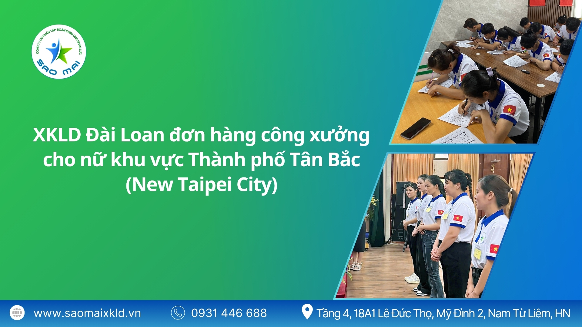 Xuất khẩu lao động Đài Loan đơn hàng công xưởng cho nữ khu vực thành phố Tân Bắc (New Taipei City) mới nhất, phỏng vấn liên tục.