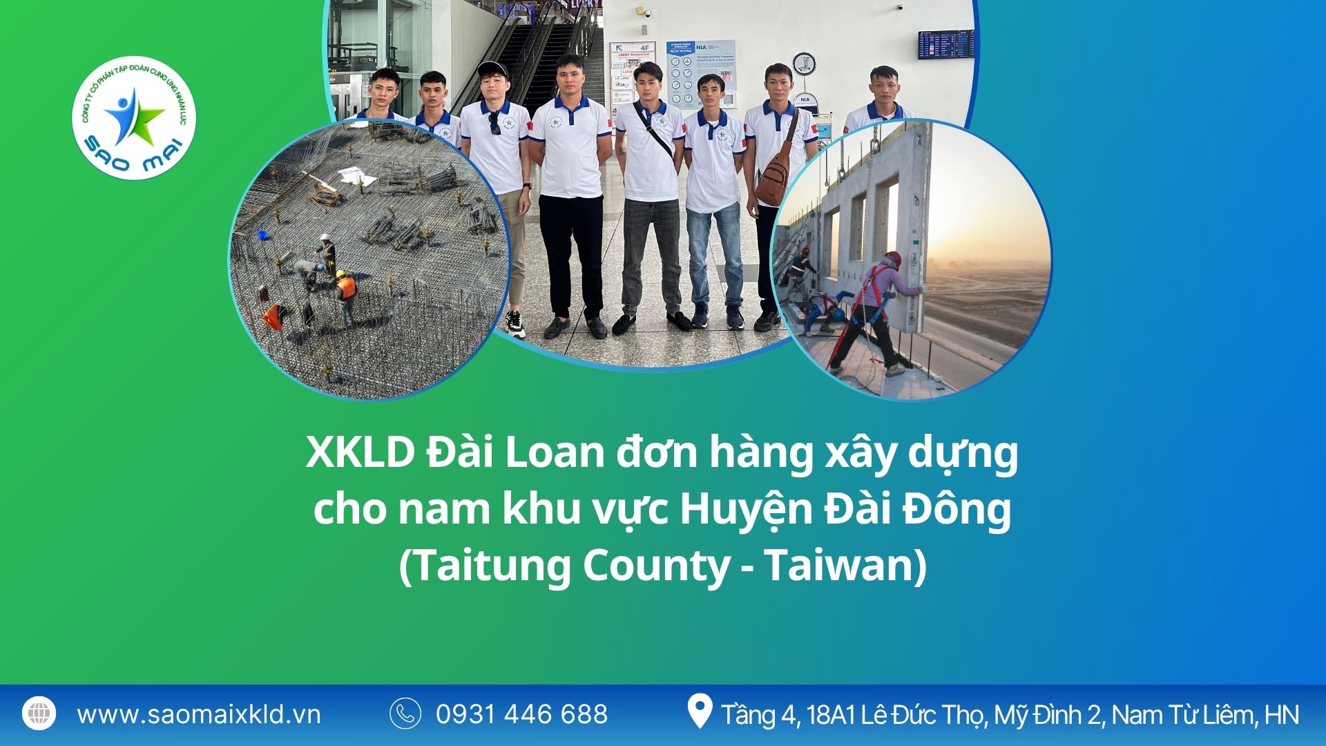 Xuất khẩu lao động Đài Loan đơn hàng xây dựng cho nam khu vực huyện Đài Đông (Taitung County - Taiwan) mới nhất, phỏng vấn liên tục