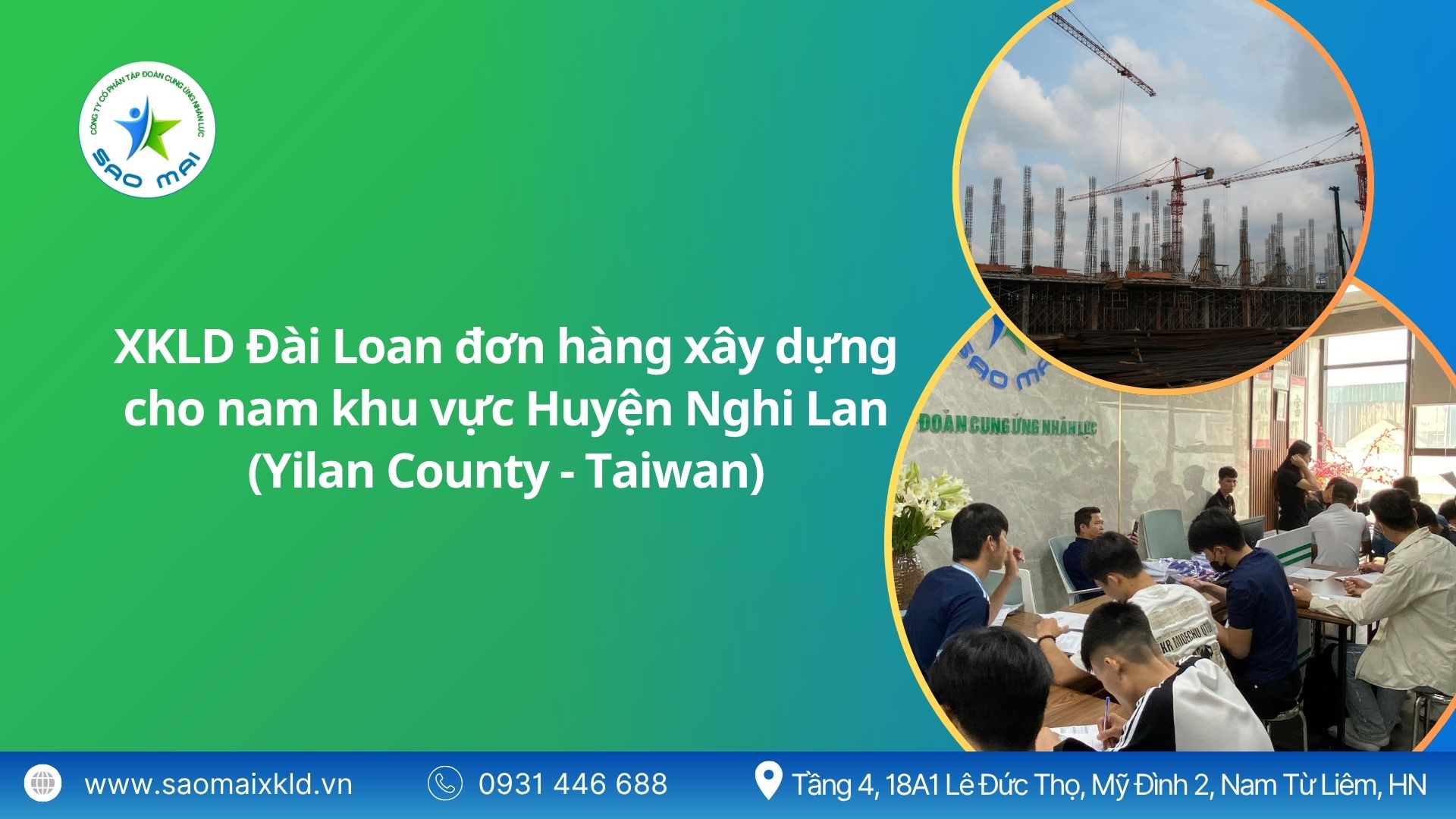 Xuất khẩu lao động Đài Loan đơn hàng xây dựng cho nam khu vực Huyện Nghi Lan (Yilan County - Taiwan) mới nhất, phỏng vấn liên tục