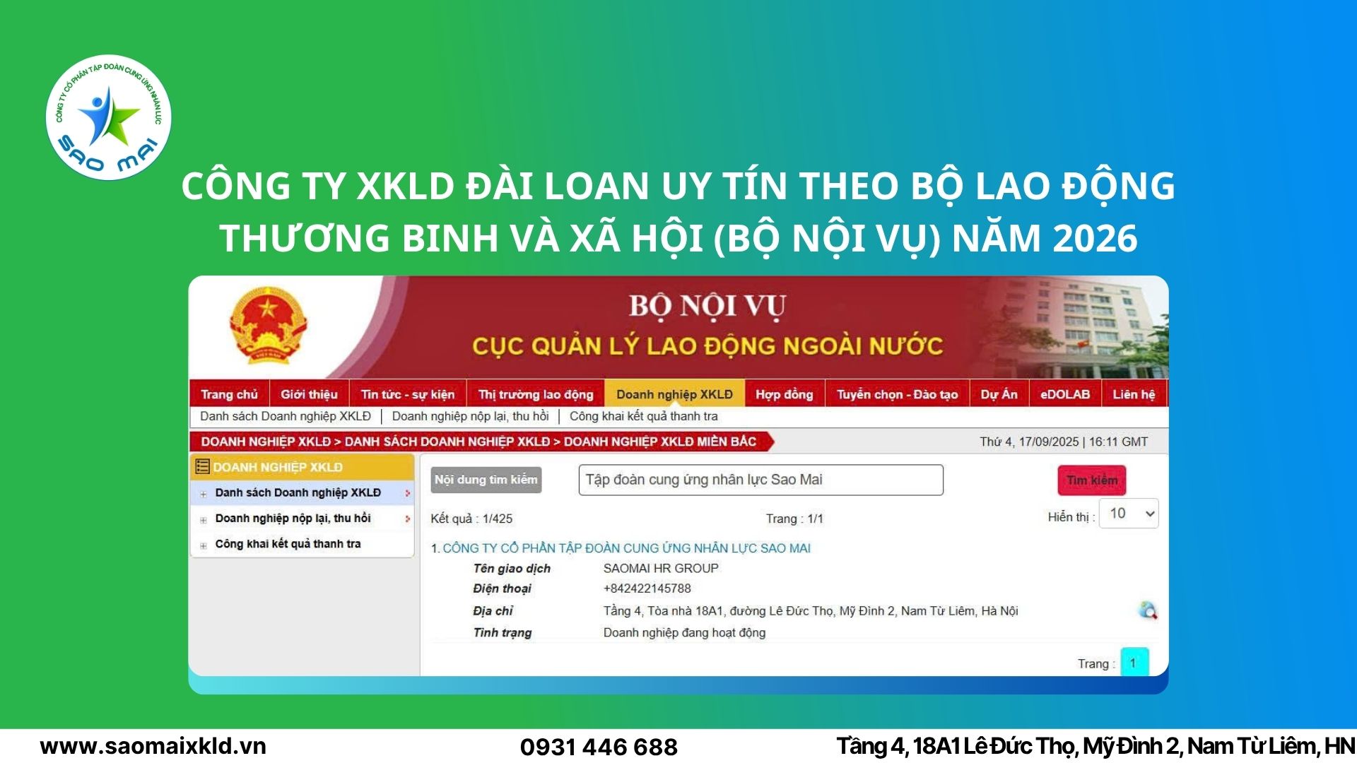 Công ty XKLD Đài Loan uy tín theo Bộ Lao động Thương Binh và Xã hội (Bộ Nội Vụ) năm 2026