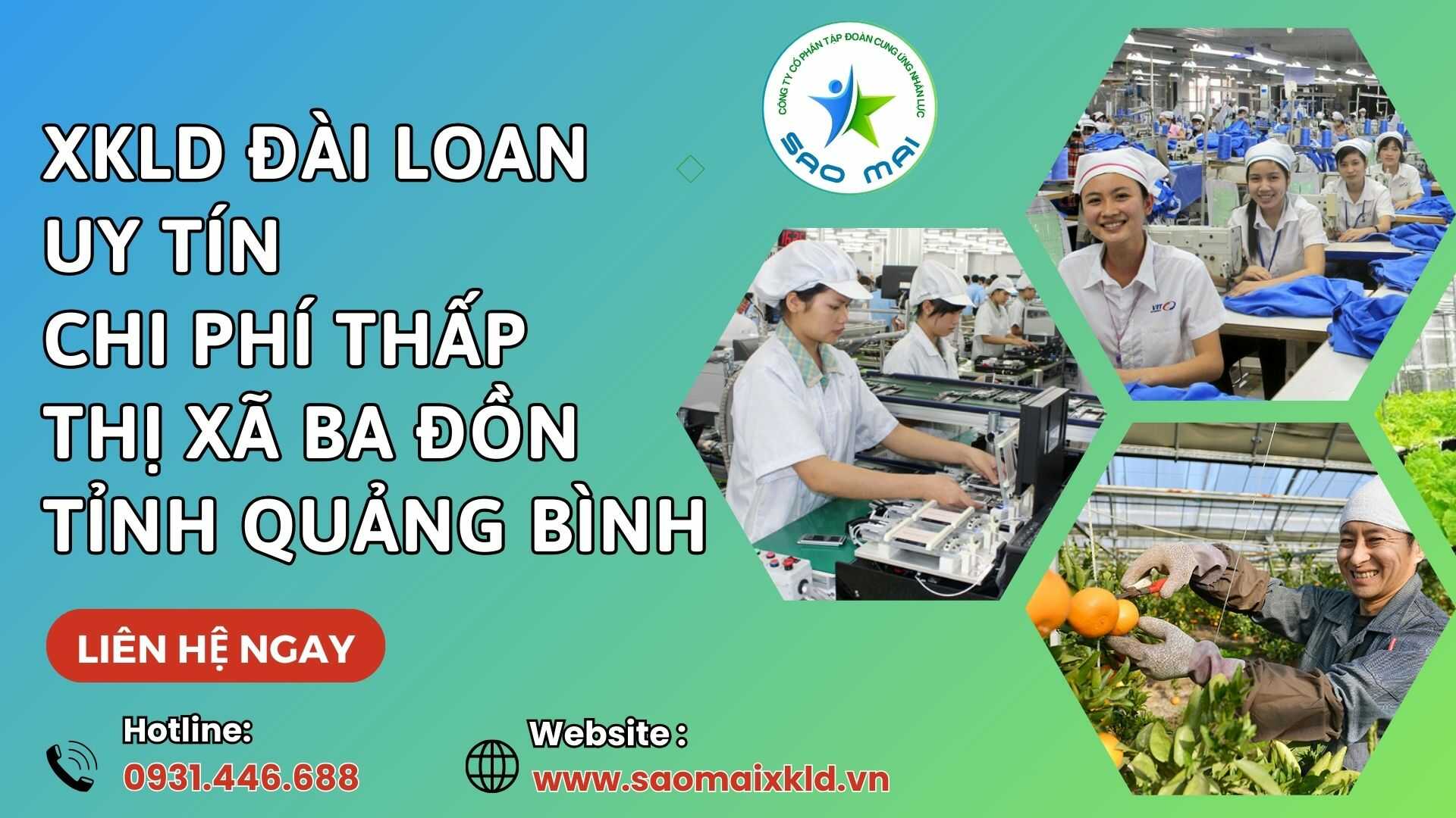   Công ty xuất khẩu lao động ĐÀI LOAN uy tín với chi phí thấp và bay nhanh tại thị xã BA ĐỒN, tỉnh QUẢNG BÌNH   