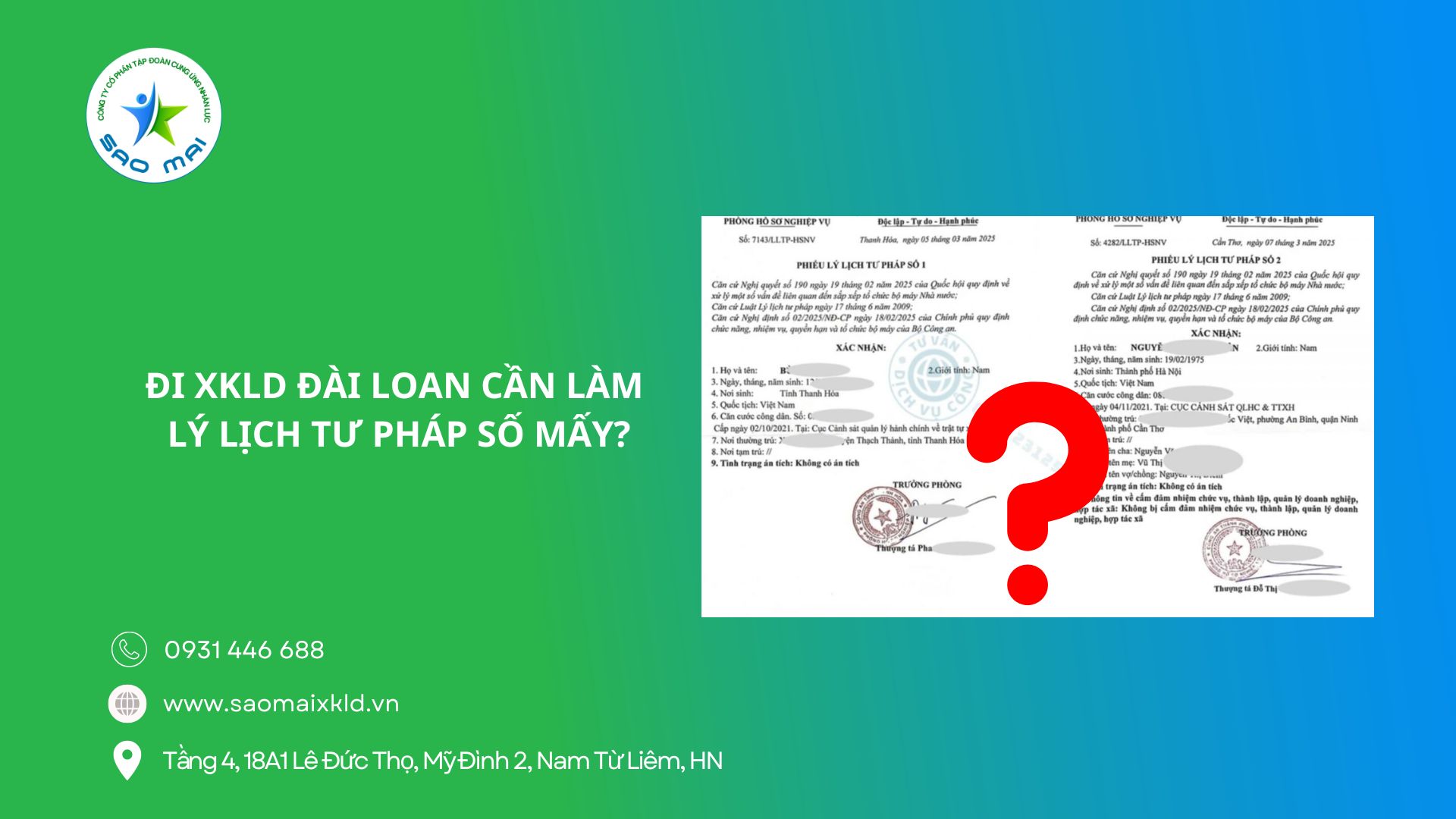 Đi xuất khẩu lao động Đài Loan làm việc cần lý lịch tư pháp số mấy?
