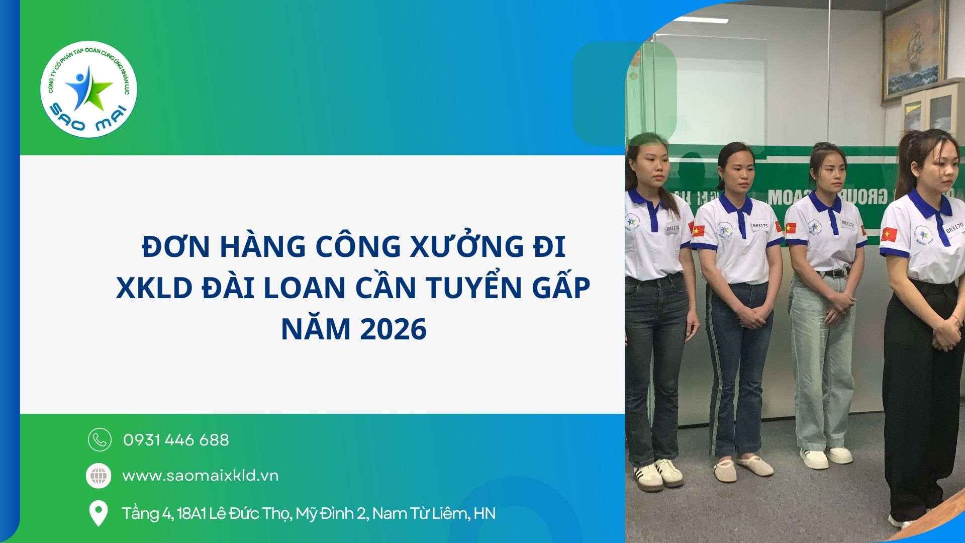 Đơn hàng công xưởng đi xuất khẩu lao động Đài Loan cần tuyển gấp năm 2026