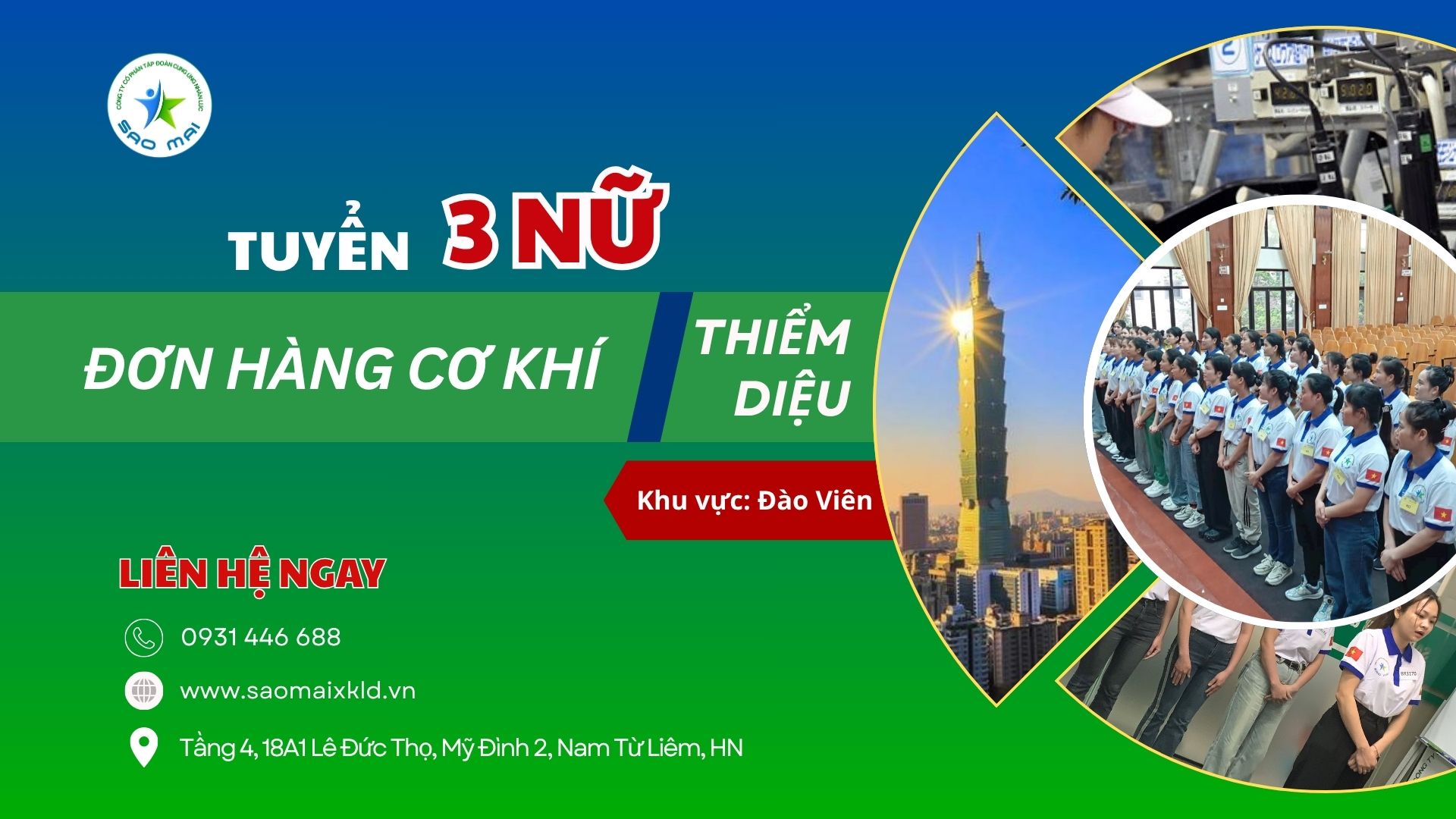 Tuyển 3 Nữ đi xuất khẩu lao động Đài Loan đơn hàng Cơ Khí tăng ca nhiều tại Đào Viên 
