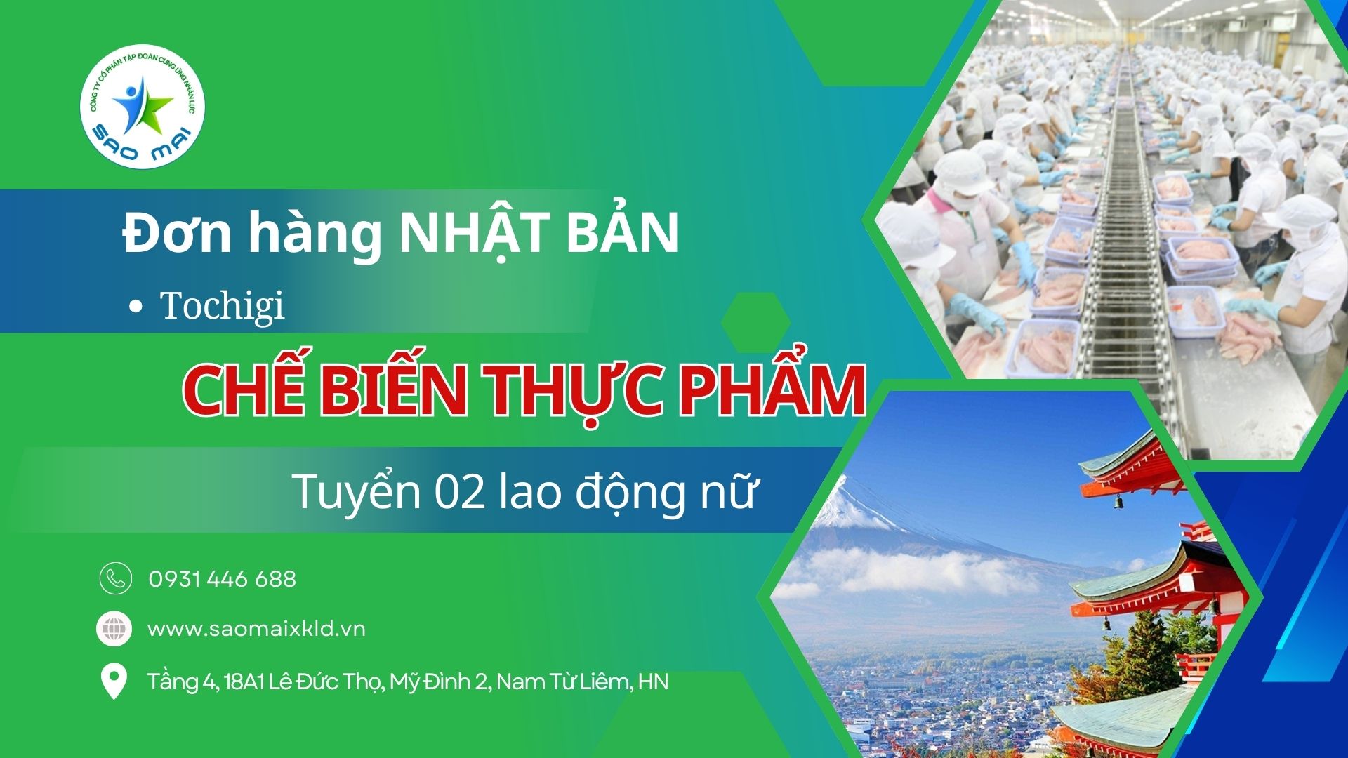 XKLD Nhật Bản Đơn hàng CHẾ BIẾN THỰC PHẨM tại Tochigi tuyển dụng lao động nữ