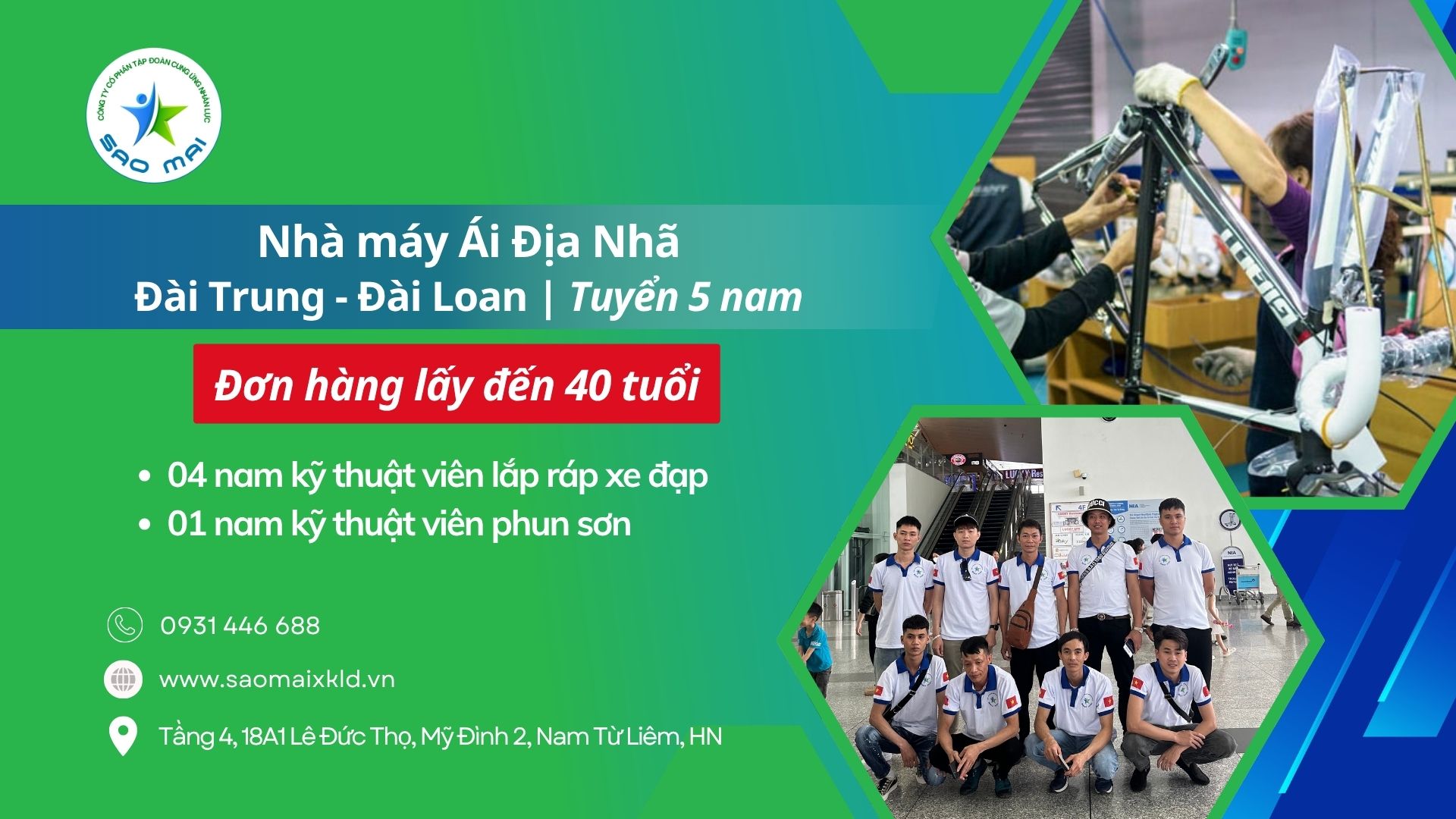 Tuyển 5 Nam đi xuất khẩu lao động Đài Loan đơn hàng sản xuất xe đạp, lấy đến 40 tuổi