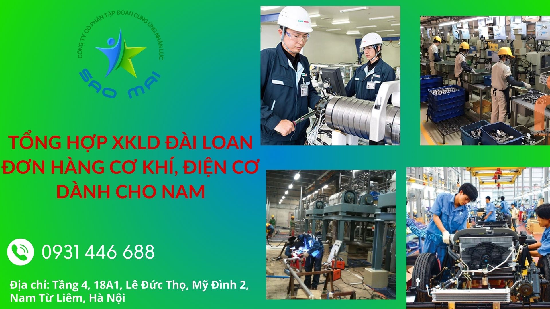 Tổng hợp ĐƠN HÀNG CHO NAM ĐI XKLD ĐÀI LOAN tại TẬP ĐOÀN CUNG ỨNG NHÂN LỰC SAO MAI