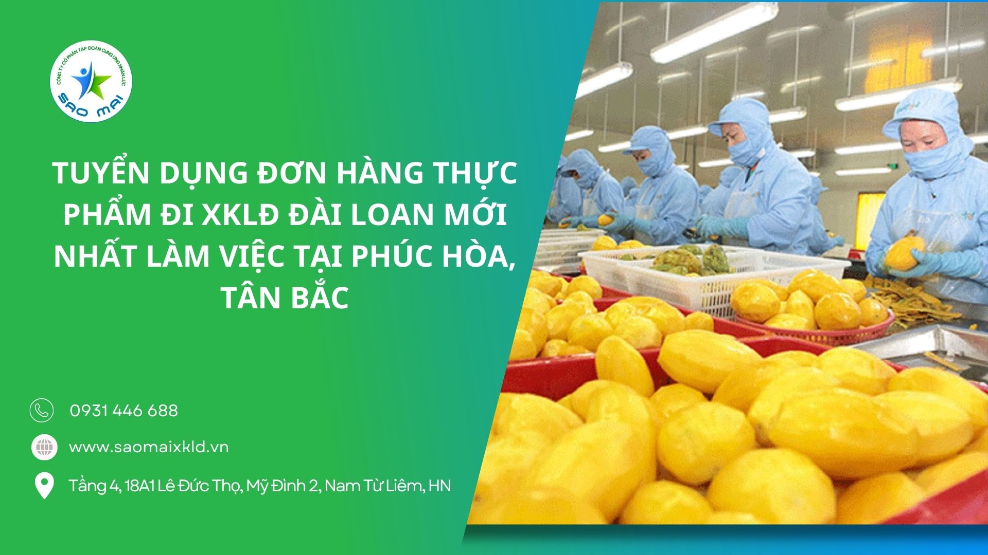 Tuyển dụng Đơn hàng Thực phẩm đi XKLĐ Đài Loan mới nhất làm việc tại Phúc Hòa, Tân Bắc
