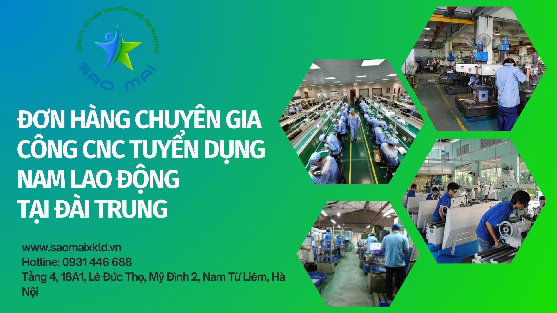 XKLD ĐÀI LOAN ĐƠN HÀNG GIA CÔNG CNC tuyển dụng Nam lao động làm việc tại ĐÀI TRUNG