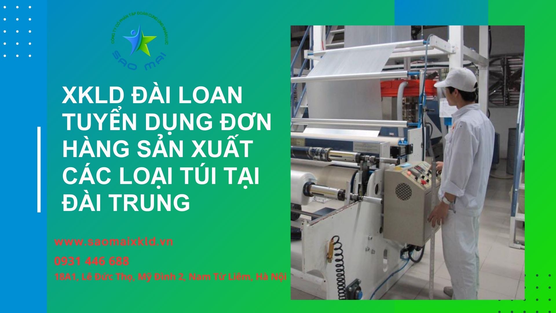 XKLD Đài Loan đơn hàng ngành NHỰA chuyên SẢN XUẤT CÁC LOẠI TÚI tuyển dụng 1 Nam làm việc tại Đài Trung 