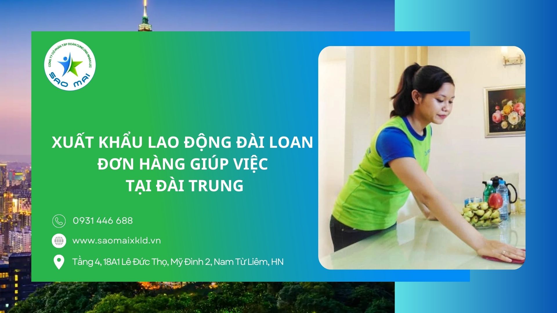 Đi xuất khẩu lao động Đài Loan với đơn hàng Giúp việc tại Đài Trung phí rẻ, bay nhanh